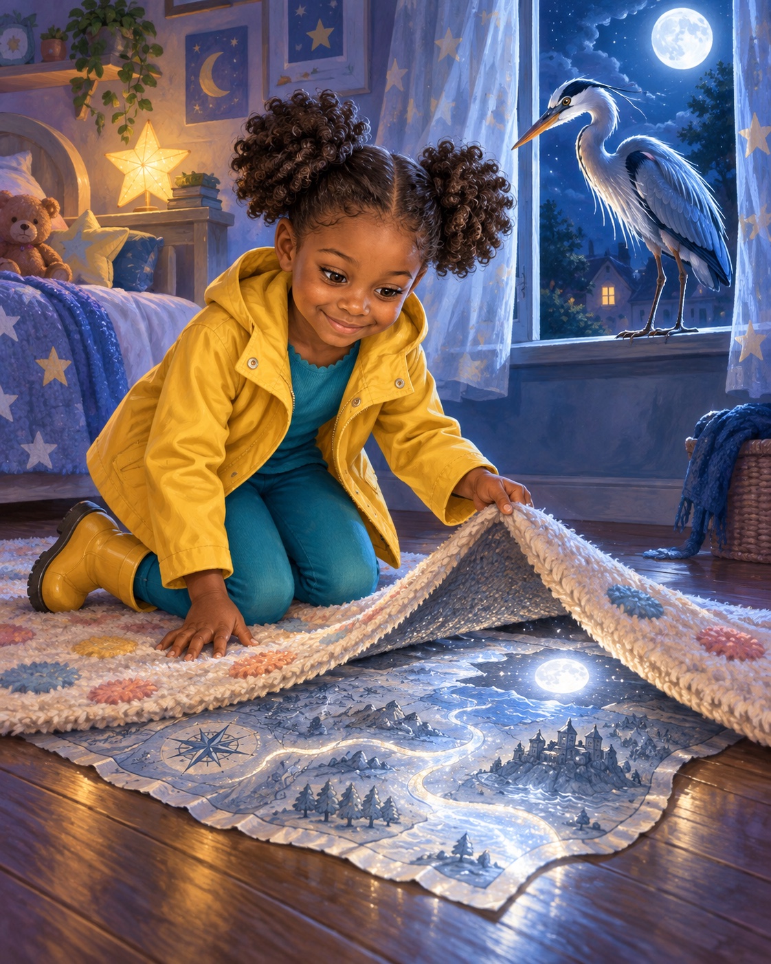Illustrated page showing Amara lifting a rug to find a glowing star map